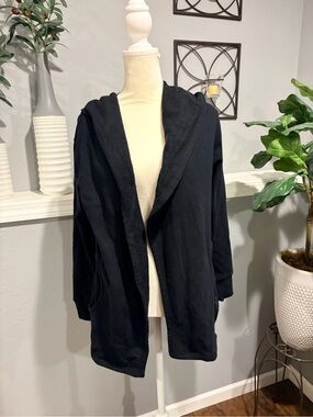 Black Hooded Open-Front Cardigan Sweater for Women